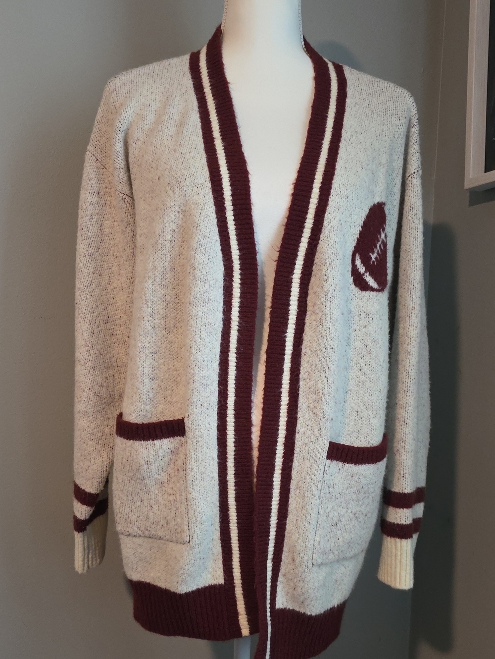 Cream Cardigan with Burgundy Football Size OS